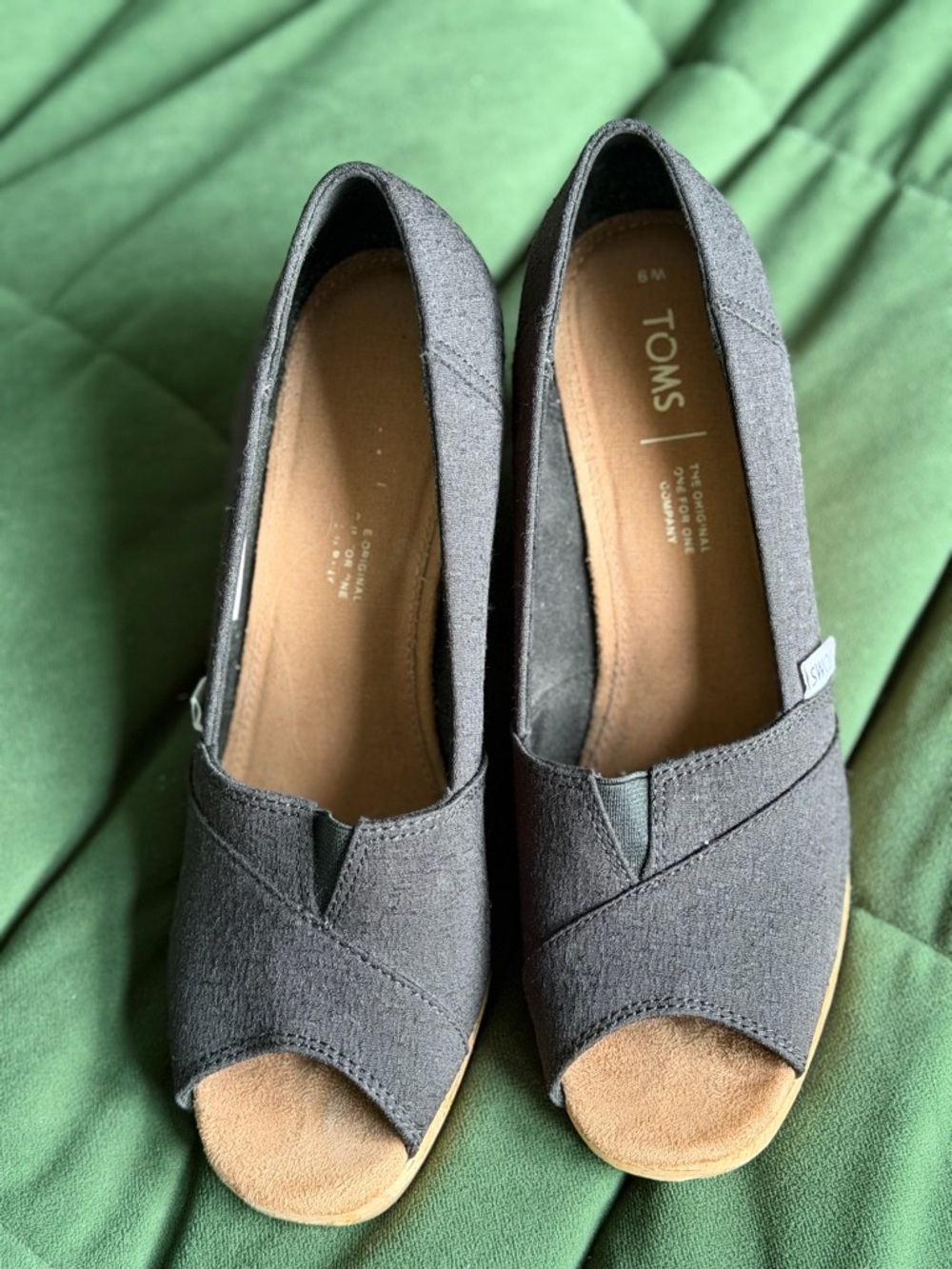 TOMS Women's Black Peep-Toe Wedge Slip-Ons